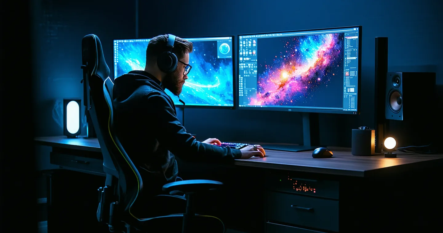 Creative professional at workstation with dual curved monitors showing AI-generated concept art
