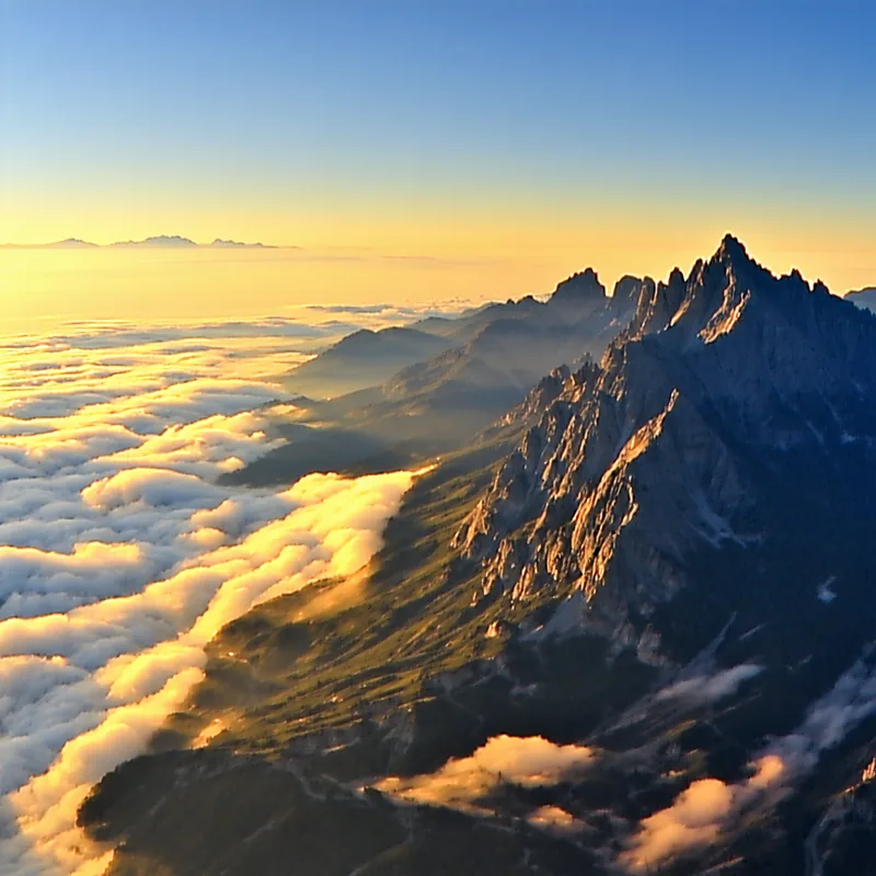 Photorealistic AI-generated misty mountain range at golden hour