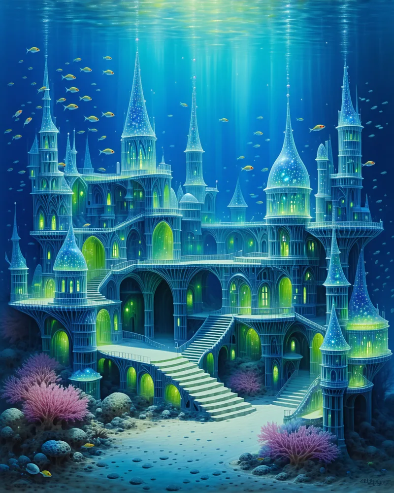 AI-generated surreal underwater city with bioluminescent architecture