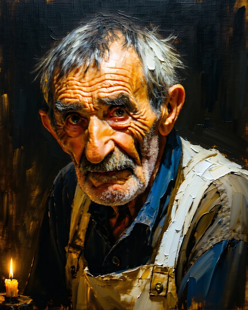 AI-generated oil painting style portrait of an elderly artisan