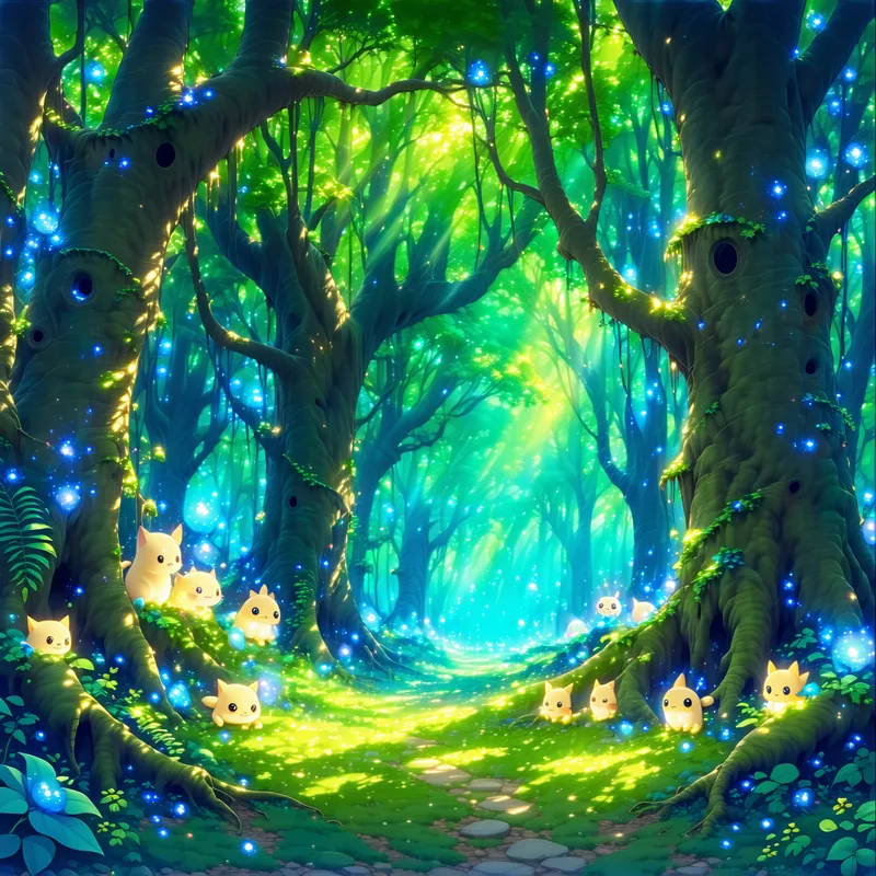 AI-generated anime-style magical forest with spirit creatures