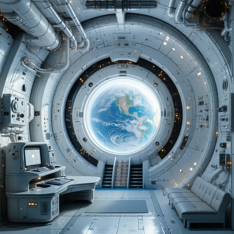 AI-generated futuristic space station interior with Earth visible through viewport