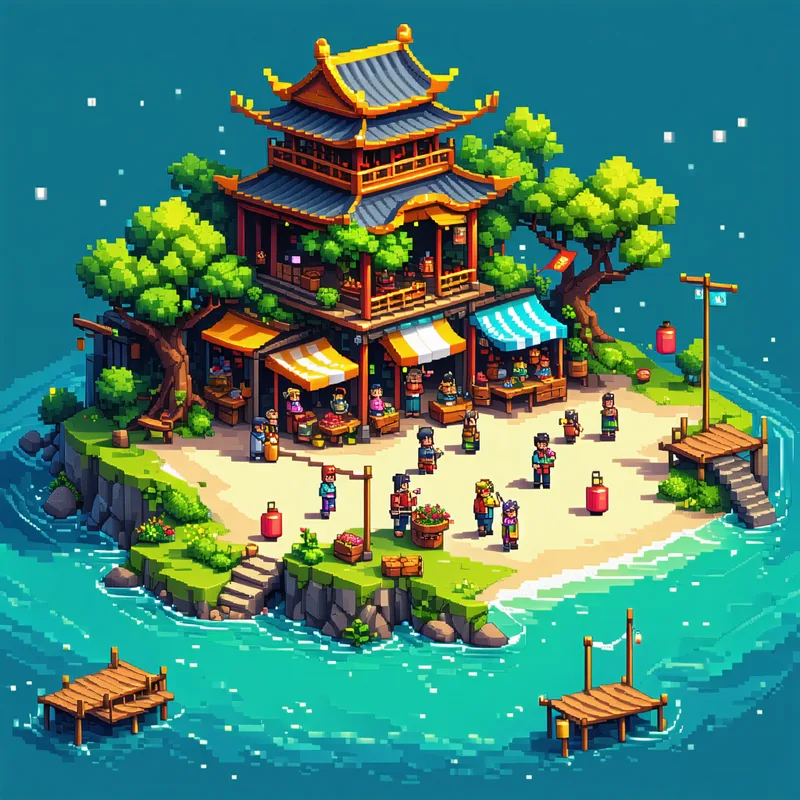 AI-generated isometric pixel art scene of a floating island market