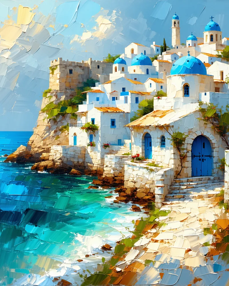 AI-generated impressionist painting of a coastal Mediterranean village