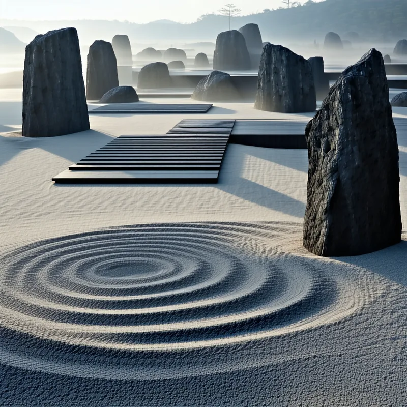 AI-generated render of a minimalist Zen garden with geometric stone formations