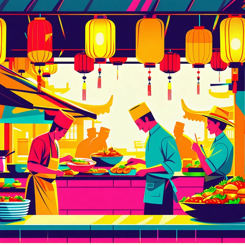 AI-generated vector-style illustration of a vibrant Southeast Asian street food scene