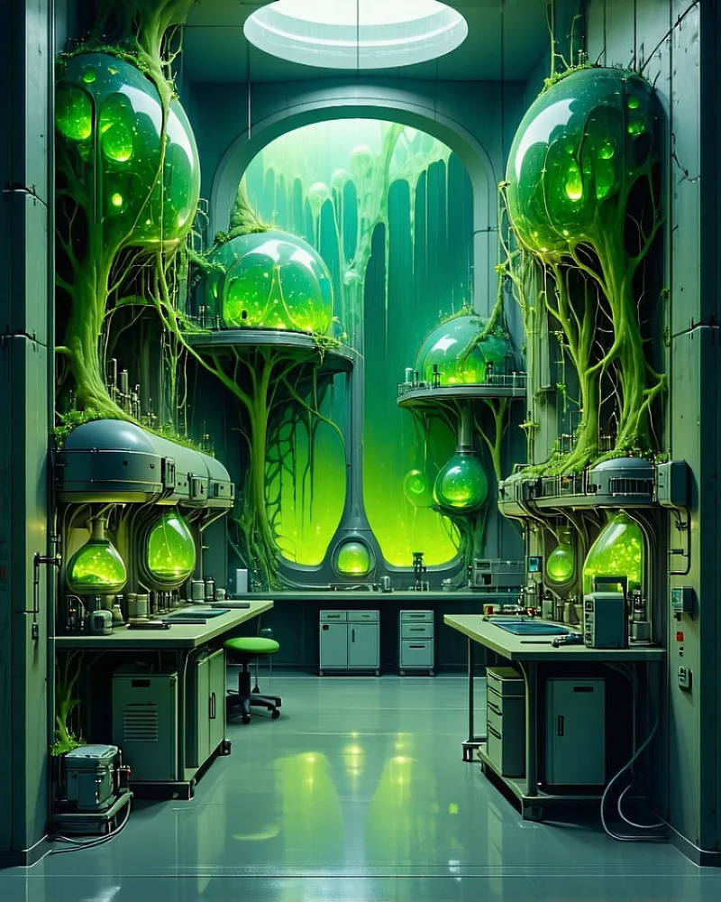 AI-generated concept art of a biopunk laboratory with organic-mechanical hybrids
