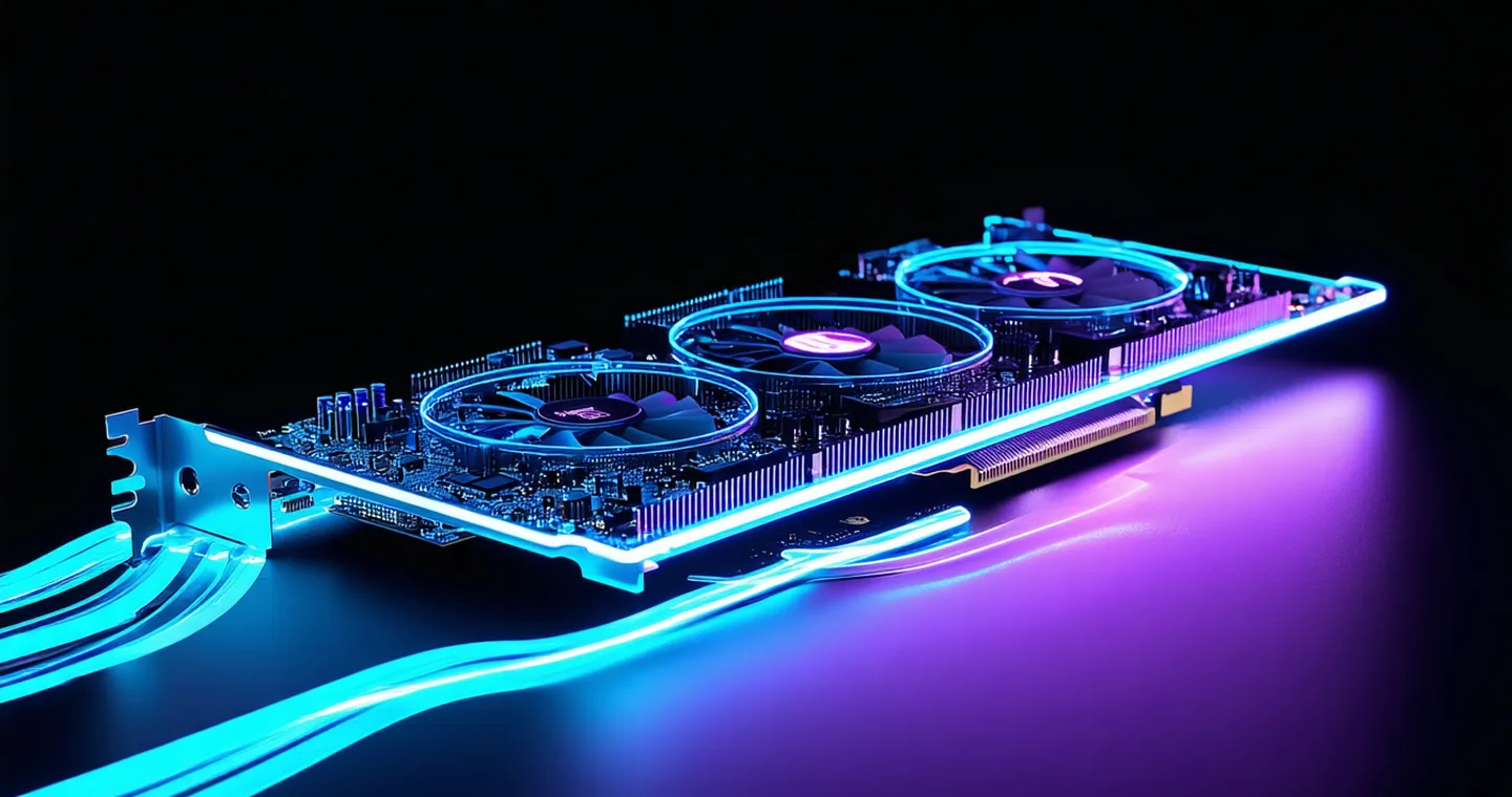 Modern GPU hardware with cyan-purple light streaks suggesting high-speed data throughput