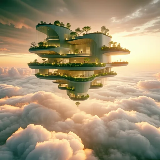 AI-generated architectural concept of a floating biophilic structure